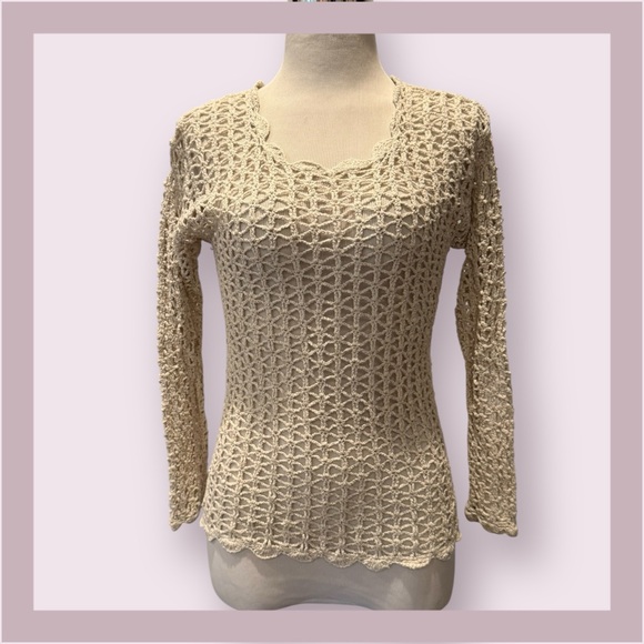 Croquet Club Silk Crochet Beige Long Sleeve Top - Picture 1 of 4